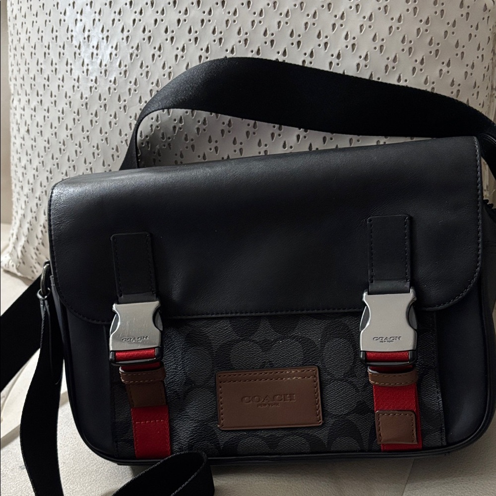 Coach Black and Brown Messenger Bag with Red Accents